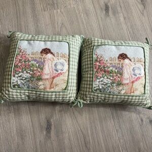2 Vtg Needlepoint Pillows Girl Garden Tapestry 12"x12" Cottagecore Green Plaid